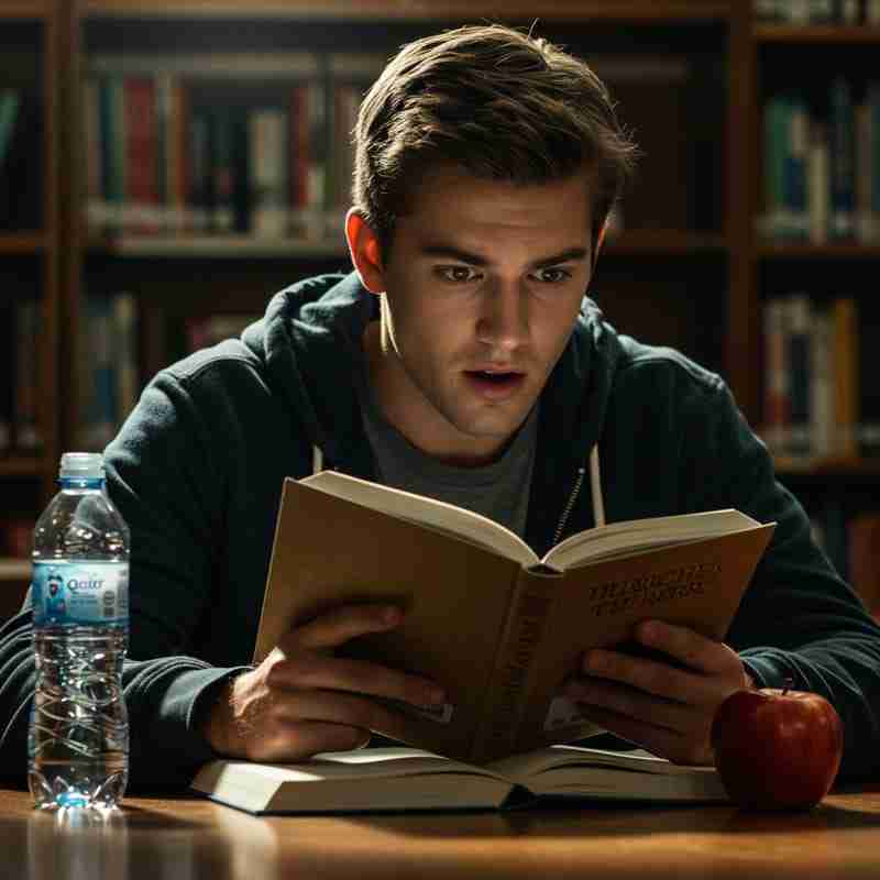 Studente universitario estremamente concentrato sui suoi studi in biblioteca