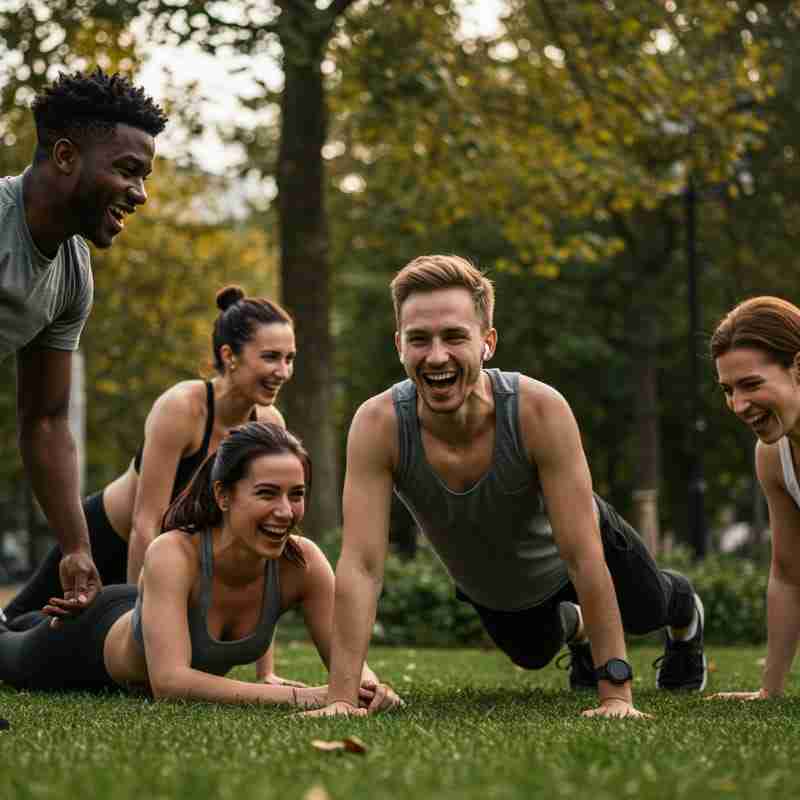 Gruppo di amici che si allena con energia all'aperto in un parco