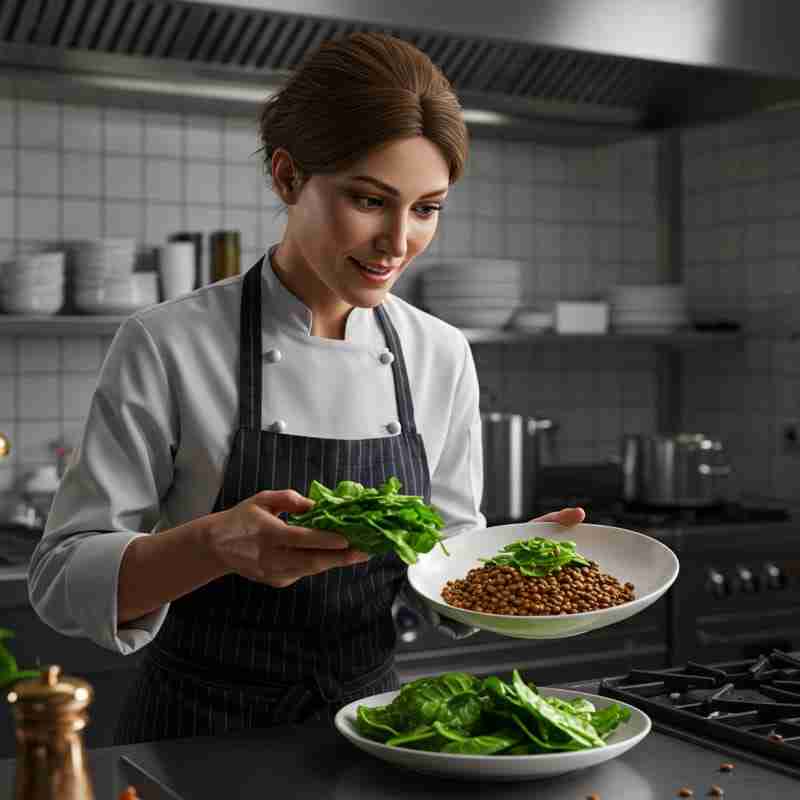 Chef che presenta un piatto ricco di ferro e vitamine, con espressione orgogliosa
