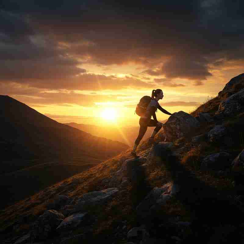 Donna che arrampica con determinazione su una collina al tramonto