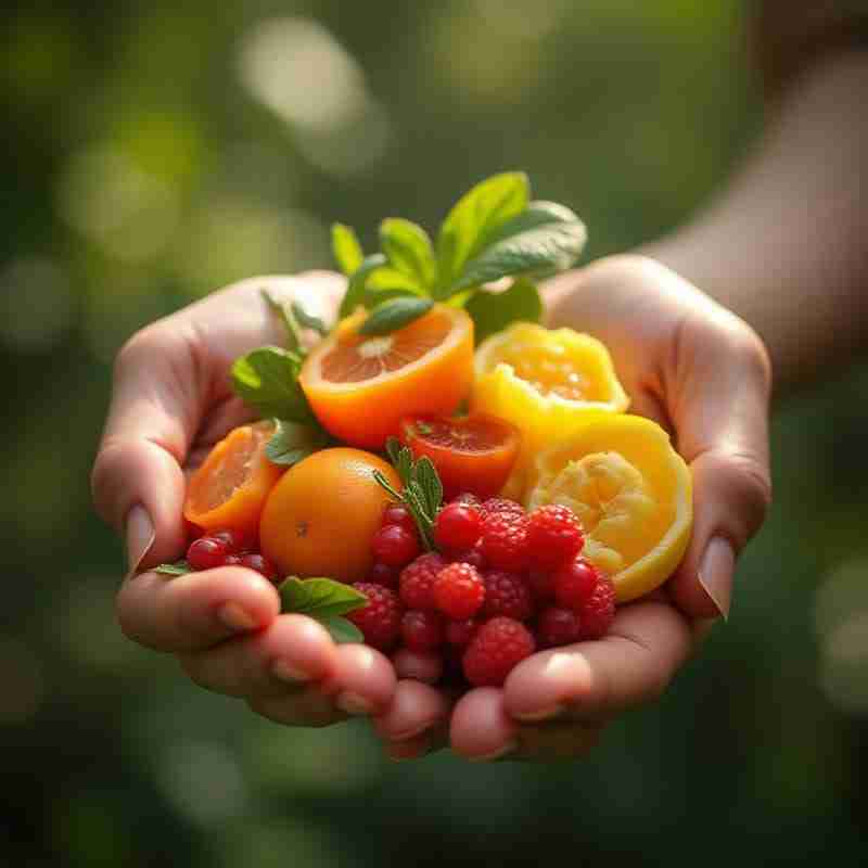 Mani che espongono frutta e verdura fresca, fonti naturali di vitamine e minerali contro la stanchezza