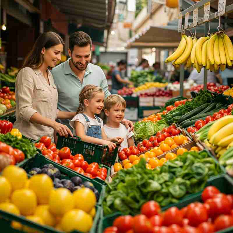 Famiglia felice che sceglie prodotti freschi al mercato per una dieta sana