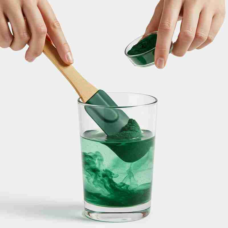 Mano che mescola polvere di spirulina in un bicchiere d'acqua