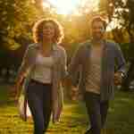 Donna e uomo che camminano felici e pieni di energia in un parco al tramonto