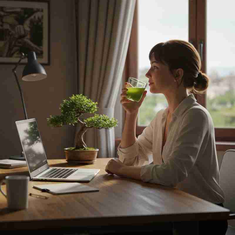 Donna che beve tè verde al proprio desk, in un momento di pausa rilassante