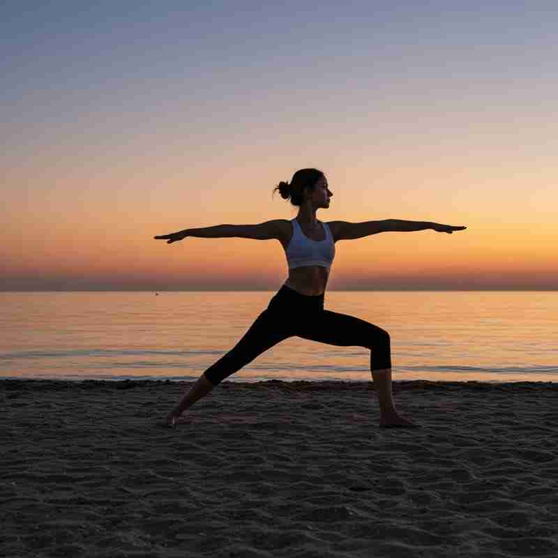 Donna in una posizione di yoga sulla spiaggia all'alba, in perfetto equilibrio
