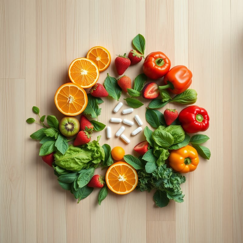 Le Vitamine: La Squadra Speciale Che Dà Sfolgorio alla Tua Pelle. Flat lay di vitamine per la pelle: frutta, verdura e integratori che donano luminosità.