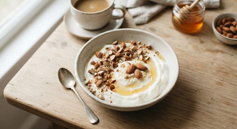 Colazione con yogurt greco, mandorle tritate e miele, un modo pratico per mangiare mandorle ogni giorno
