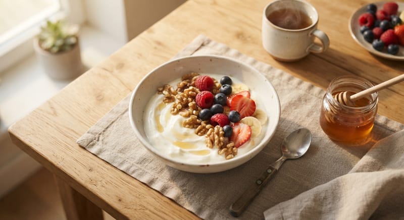 colazione con yogurt greco noci e frutta fresca ricetta