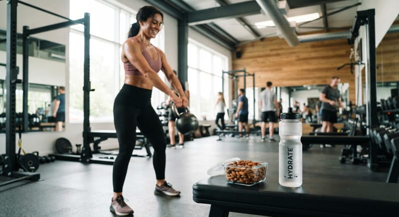 Contenitore di mandorle come spuntino energetico durante l'allenamento in palestra