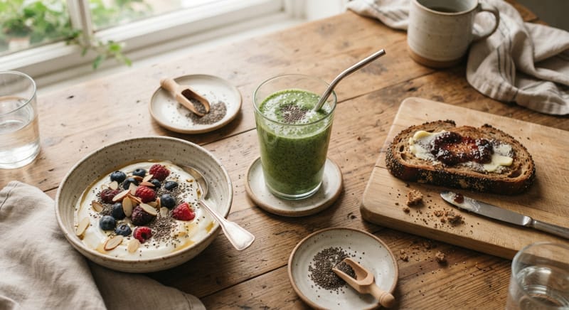 Diverse ricette pratiche con semi di chia: smoothie, yogurt e pane fatto in casa