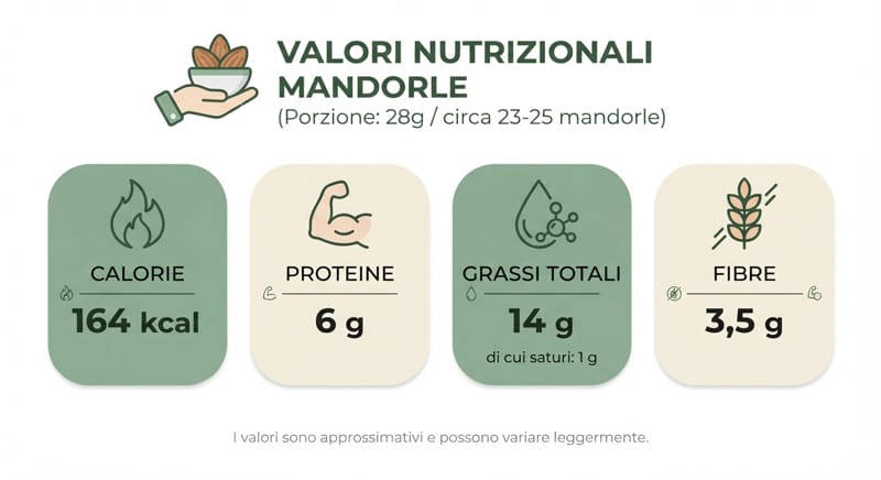 Infografica con i valori nutrizionali di una porzione di mandorle da 28 grammi
