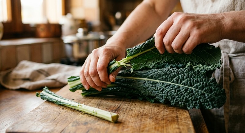 Mani che tolgono la costa dura da una foglia di cavolo nero prima della cottura