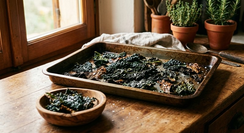 Chips di cavolo nero al forno croccanti in una ciotola di legno