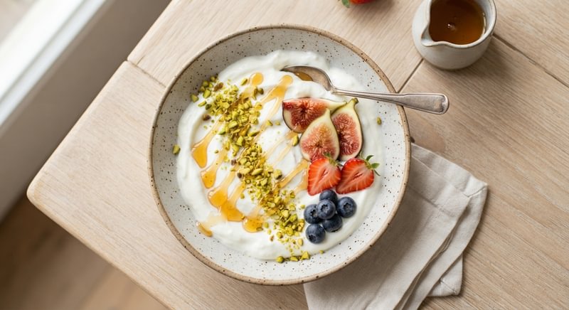 Yogurt greco con pistacchi tritati e miele come colazione salutare