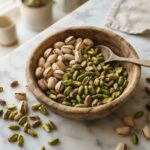 Pistacchi fanno bene: ciotola di pistacchi sgusciati e in guscio su tavolo di marmo