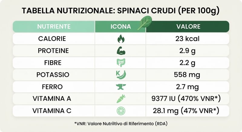 Tabella valori nutrizionali spinaci per 100 grammi con calorie e minerali